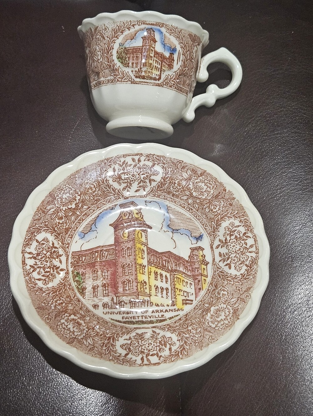 University of Arkansas Fayetteville Brown  Cup and Saucer Vernon Kilns